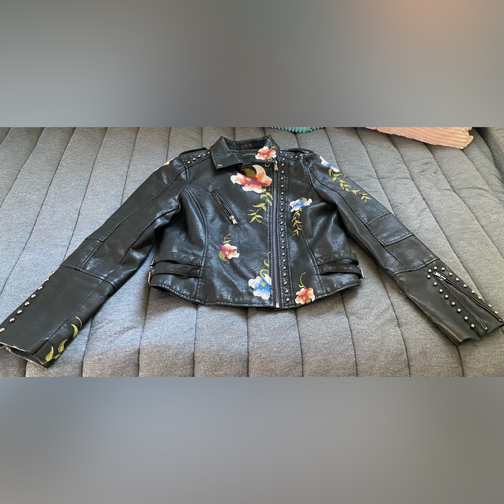 Floral Embroidered Leather Jacket with Stud Accents